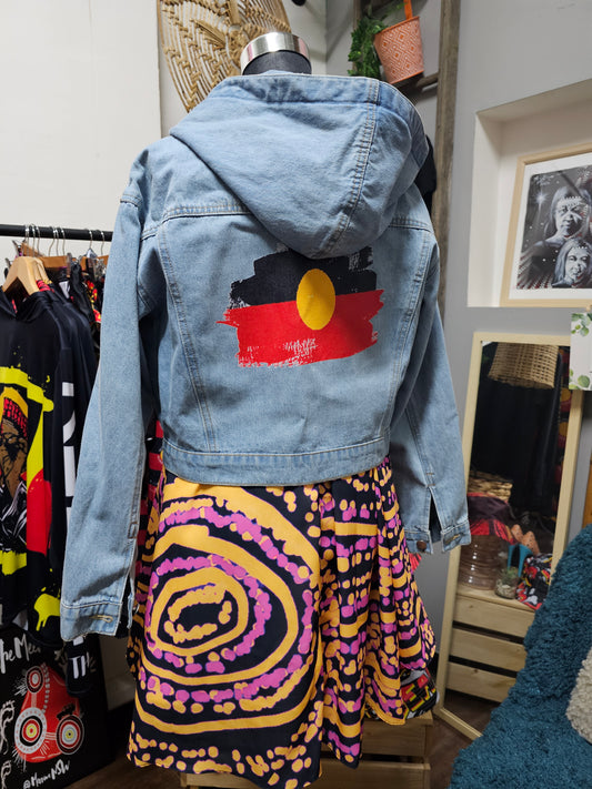 Upcycled Aboriginal Denim Flag Jacket with Hoodie