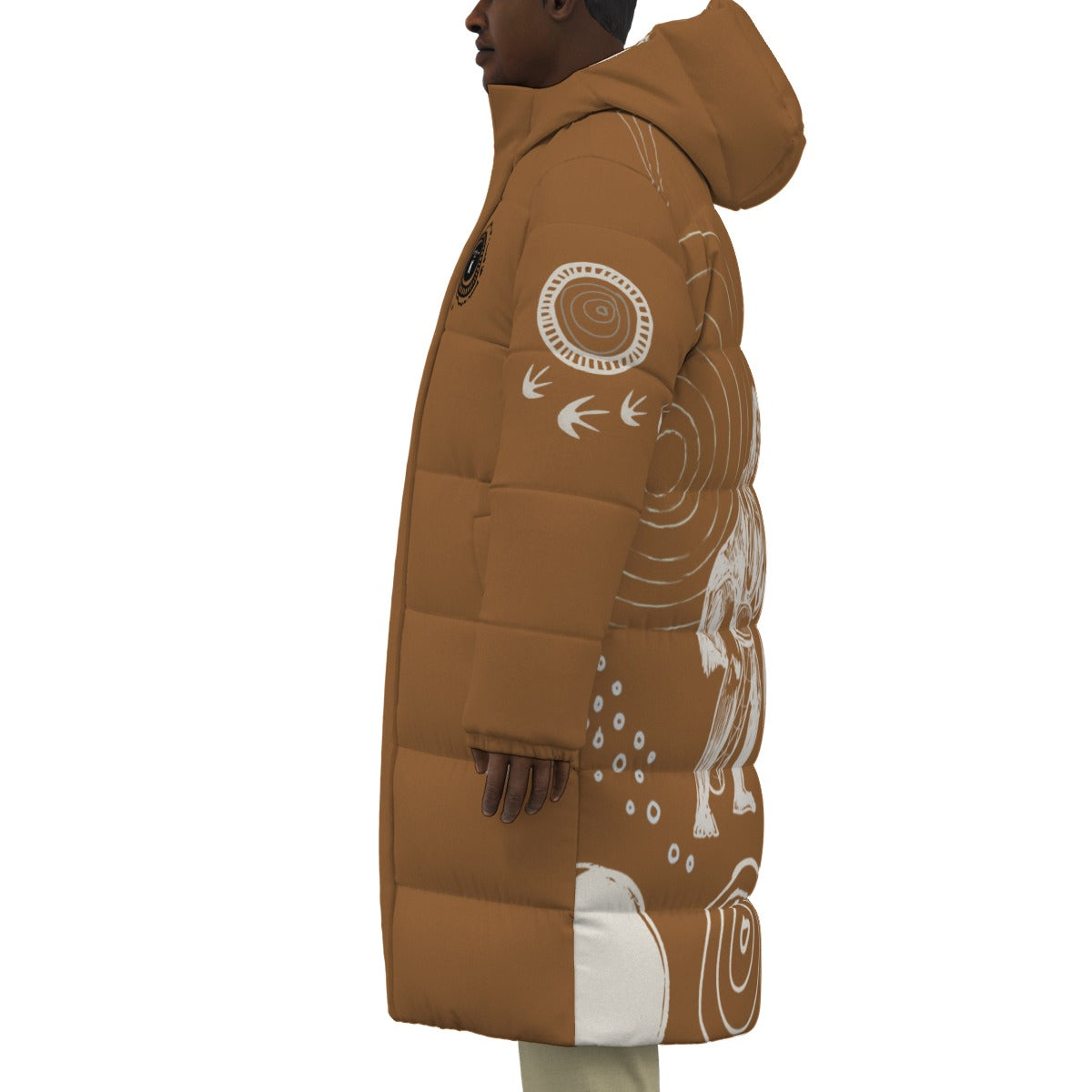 Our Warriors Long Ochre Puffer Jacket by Koori Threads