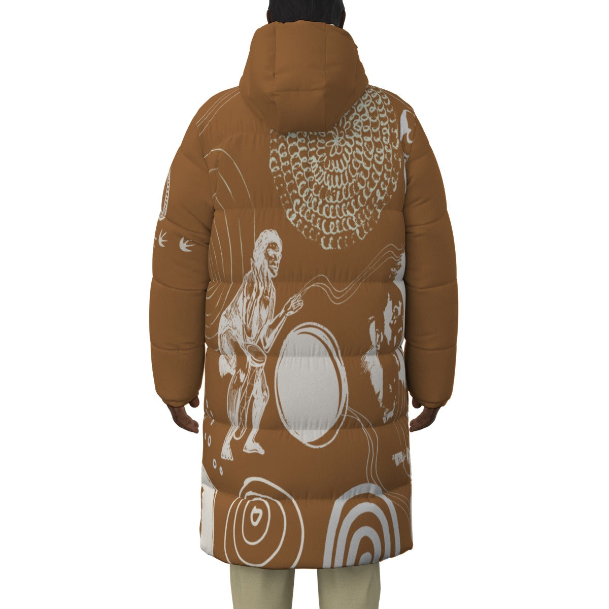 Our Warriors Long Ochre Puffer Jacket by Koori Threads